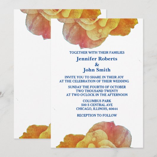 Yellow Blue OrangeWhite Floral Rose Hochzeit Einladung (Vorne/Hinten)