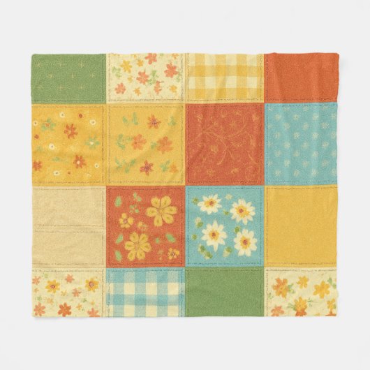 Yellow Blue Patchwork Quilt Rustikales Bauernhaus  Fleecedecke (Vorderseite (Horizontal))