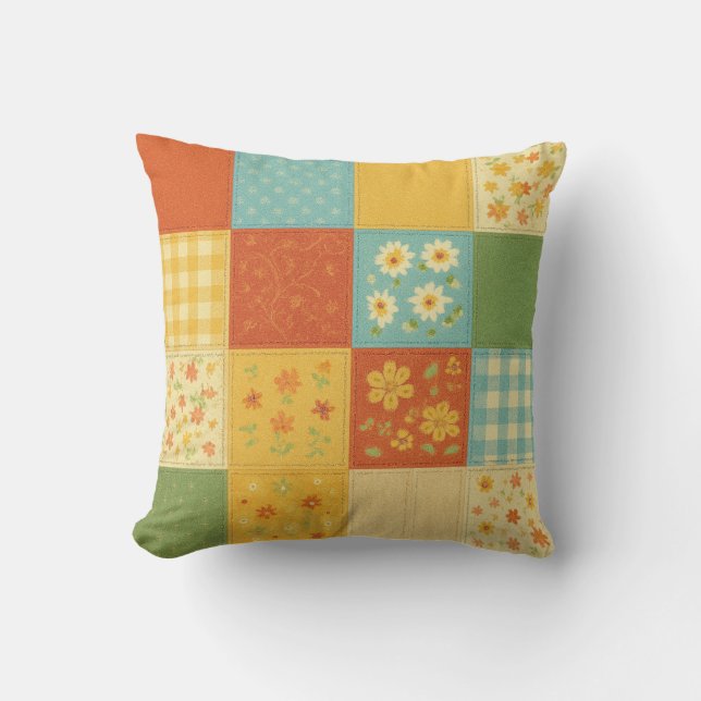 Yellow Blue Patchwork Quilt Rustikales Bauernhaus Kissen (Vorderseite)