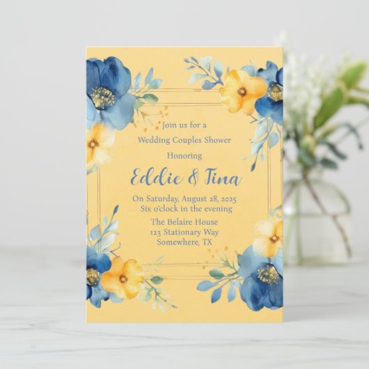 Yellow Blue Peony Wedding Couples Dusche Einladung (Stehend Vorderseite)