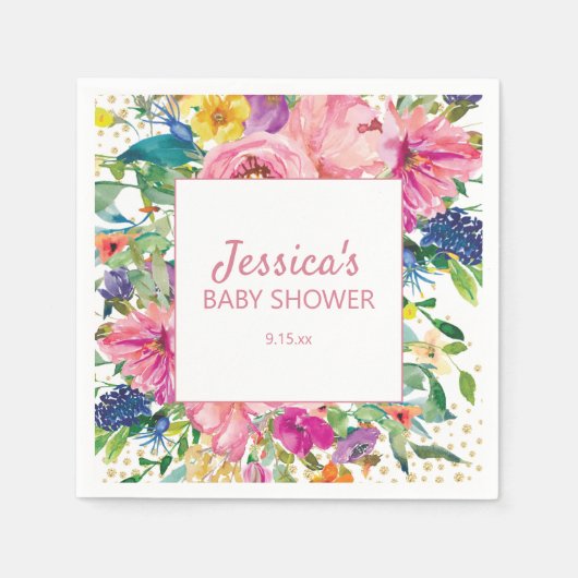 Yellow Blue Pink Baby Dusche Gold Glitzer Weiß Serviette (Vorderseite)