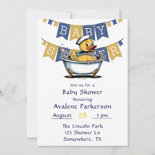 Yellow Blue Rubber Duck Boy Baby Showdusche Einladung (Vorderseite)