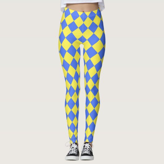 Yellow Blue Schachbrett Diamond Pattern Leggings (Vorderseite)