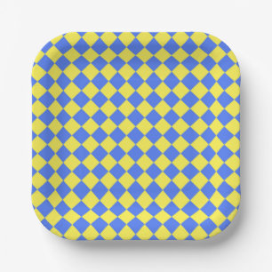Yellow Blue Schachbrett Diamond Pattern Pappteller
