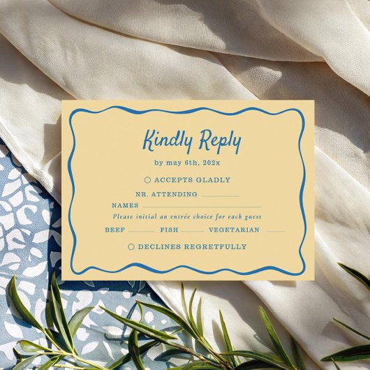 Yellow & Blue Striped Wedding RSVP Karte