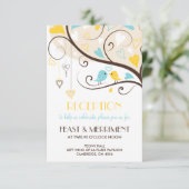 Yellow & Blue Summer Lovebirts Empfang Card Einladung (Stehend Vorderseite)