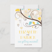 Yellow & Blue Summer Lovebirts Empfang Card Einladung (Rückseite)