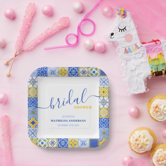 Yellow Blue Tiles Summer Brautparty Pappteller (Party)