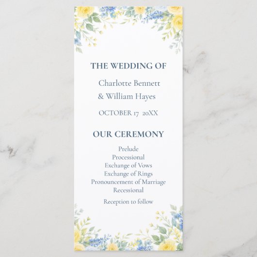 Yellow Blue Watercolor Floral Wedding Program Programm (Vorderseite)