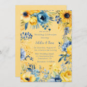 Yellow Blue Watercolor Peony Wedding Einladung (Vorne/Hinten)