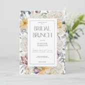 Yellow Blue & White Floral White Bridal Brunch Einladung (Stehend Vorderseite)
