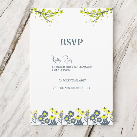 Yellow Blue Wildblume Floral Boho Wedding RSVP Karte