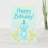 Yellow Blume&Blue Cat mit Hut und Herz zum Geburts Karte (Vorderseite)