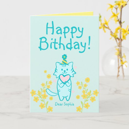 Yellow Blume&Blue Cat mit Hut und Herz zum Geburts Karte (Gelbe Blume)