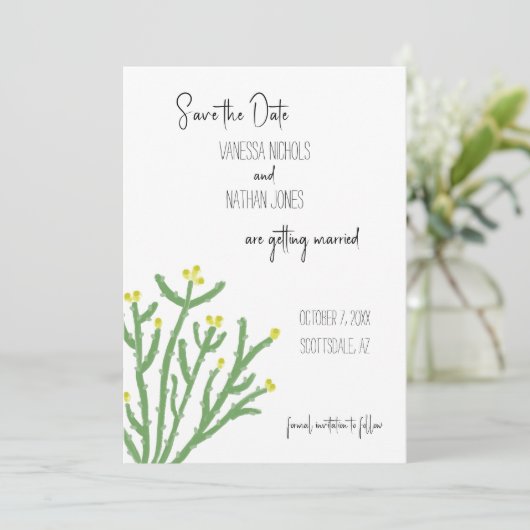 Yellow Blume Cholla Cactus Save the Date Card (Stehend Vorderseite)