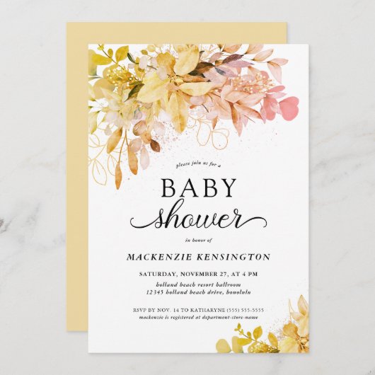 Yellow Blush Pink Botanical Baby Dusche Einladung (Vorne/Hinten)