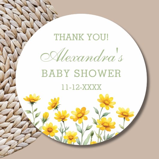 Yellow Boho Wildblume Babydusche Danke Runder Aufkleber