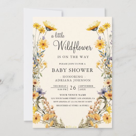 Yellow Boho Wildblume Floral QR Code Babydusche Einladung (Vorderseite)