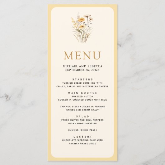 Yellow Boho Wildblume Floral Wedding Menükarte (Vorderseite)