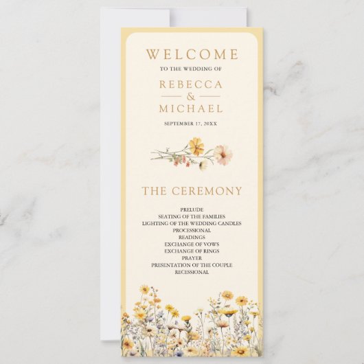 Yellow Boho Wildblume Floral Wedding Program (Vorderseite)