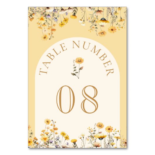 Yellow Boho Wildblume Floral Wedding Tischnummer (Rückseite)