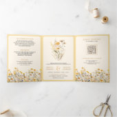 Yellow Boho Wildblume Foto QR Code Hochzeit Dreifach Gefaltete Einladung (Innenseite)