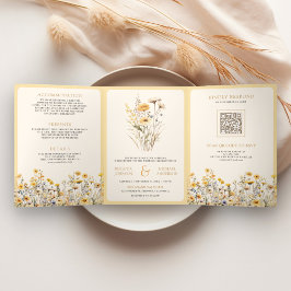 Yellow Boho Wildblume Foto QR Code Hochzeit Dreifach Gefaltete Einladung