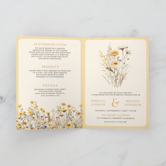 Yellow Boho Wildflower QR Code Wedding Einladung (Innenseite)