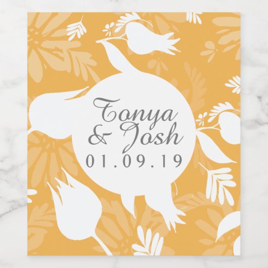 Yellow Botanical Floral Pattern Wedding Weinetikett (Einzelnes Label)