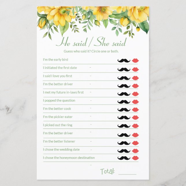 Yellow Brautparty Game, sagte er (Vorderseite)