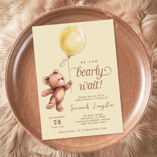Yellow Brown Gender Neutral Teddy Bear Baby Dusche Einladung