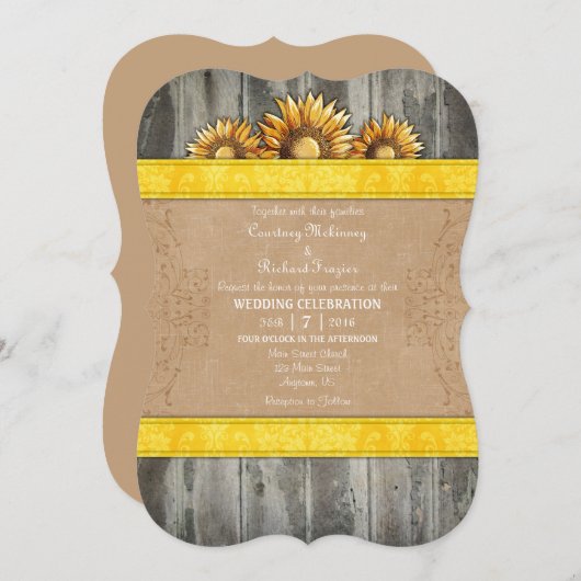 Yellow Brown Rustic Sunflower Wedite Einladung (Vorne/Hinten)