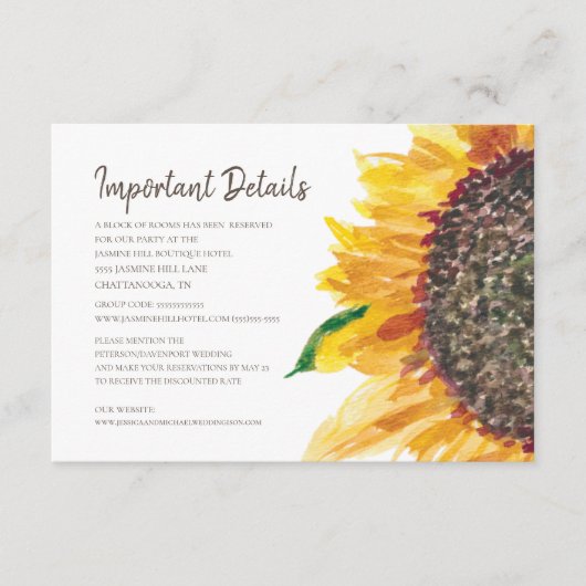 Yellow Brown Sunflower Boho Hochzeitdetails Begleitkarte (Vorderseite)