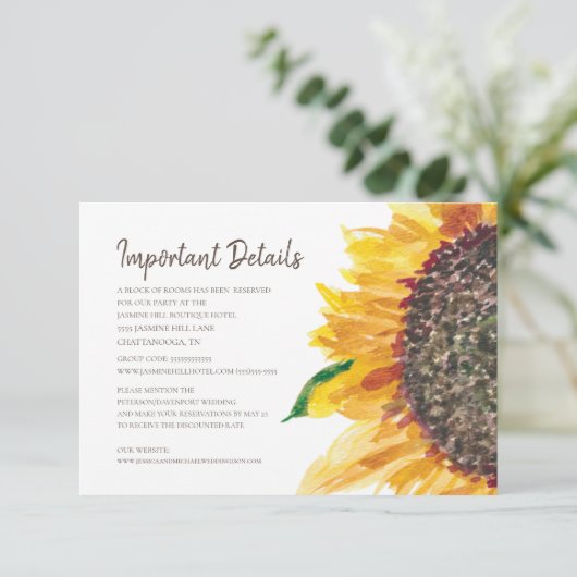 Yellow Brown Sunflower Boho Hochzeitdetails Begleitkarte (Stehend Vorderseite)