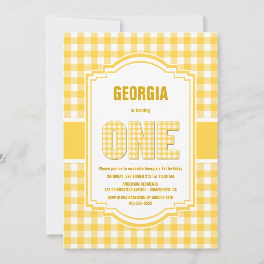 Yellow Buffalo Kariert 1. Geburtstag Party Einladung (Vorderseite)