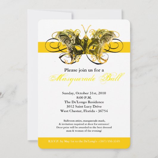Yellow Butterfly Masquerade Maskenkostüm Halloween Einladung (Vorderseite)