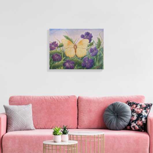 Yellow Butterfly With Flowers Leinwanddruck (Insitu (Wohnzimmer))