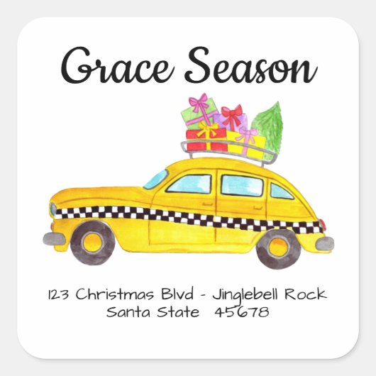 Yellow Cab New York Taxi with Christmas Ohrts Quadratischer Aufkleber (Vorderseite)