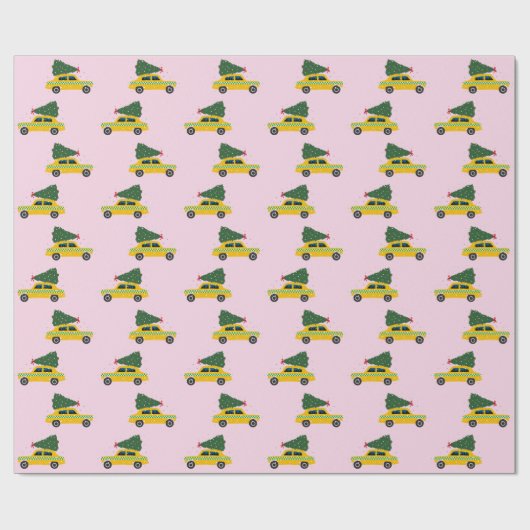 Yellow Cab Taxi Fir Tree Pattern Pink Christmasr Geschenkpapier (Flach)
