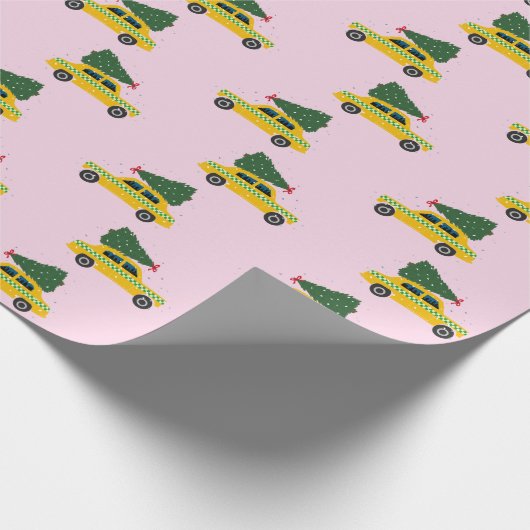 Yellow Cab Taxi Fir Tree Pattern Pink Christmasr Geschenkpapier (Ecke)