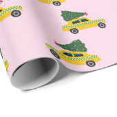 Yellow Cab Taxi Fir Tree Pattern Pink Christmasr Geschenkpapier (Rolleneckpunkt)