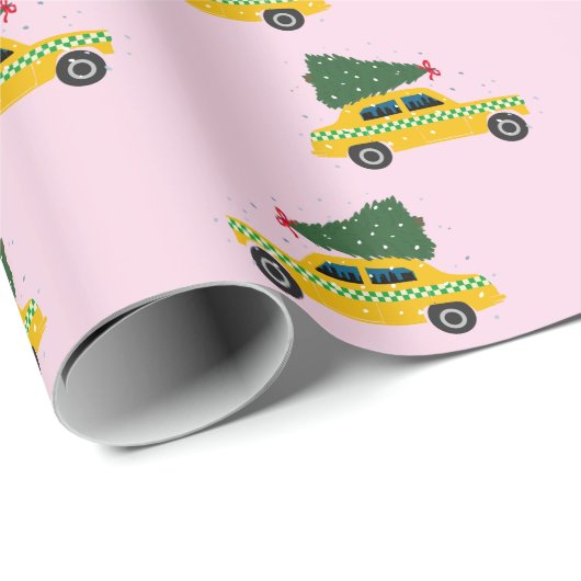 Yellow Cab Taxi Fir Tree Pattern Pink Christmasr Geschenkpapier (Rolleneckpunkt)