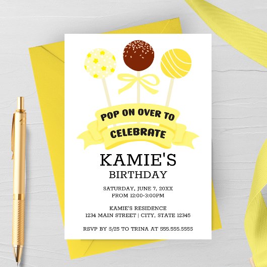 Yellow Cake Pops Geburtstagsparty Einladung