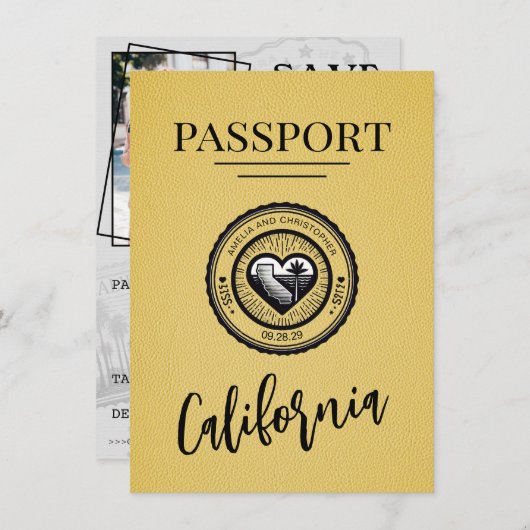 Yellow California Passport Save the Date (Vorne/Hinten)