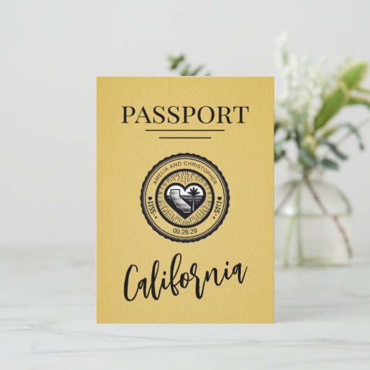 Yellow California Passport Save the Date (Stehend Vorderseite)