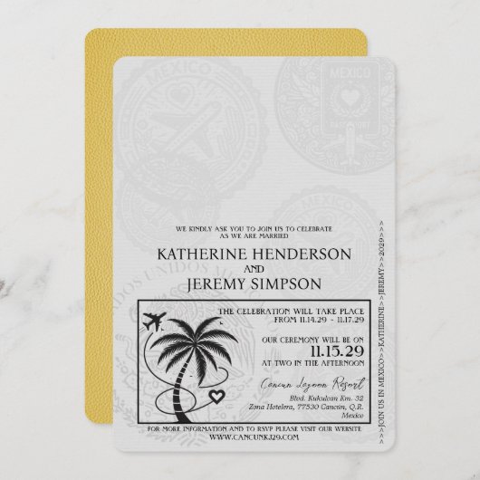 Yellow Cancun Passport Wedding Einladung (Vorne/Hinten)
