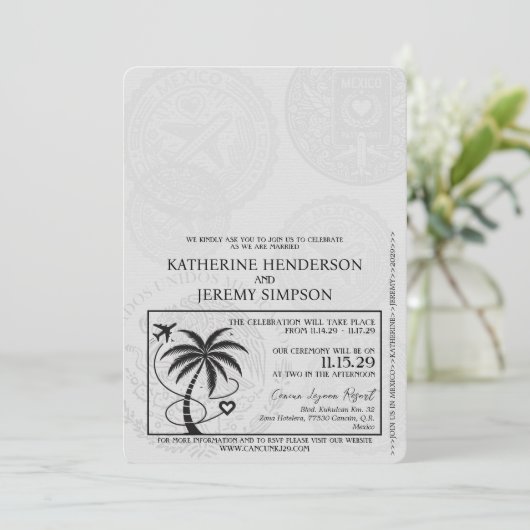 Yellow Cancun Passport Wedding Einladung (Stehend Vorderseite)