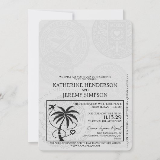 Yellow Cancun Passport Wedding Einladung (Vorderseite)