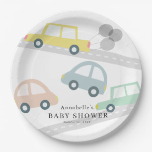 Yellow Car Balloons White Baby Dusche Pappteller