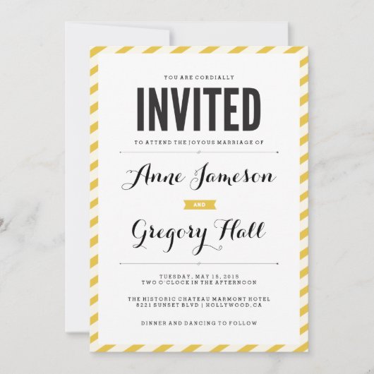 Yellow Carnival Streifen Moderne Hochzeitsreise Einladung (Vorderseite)